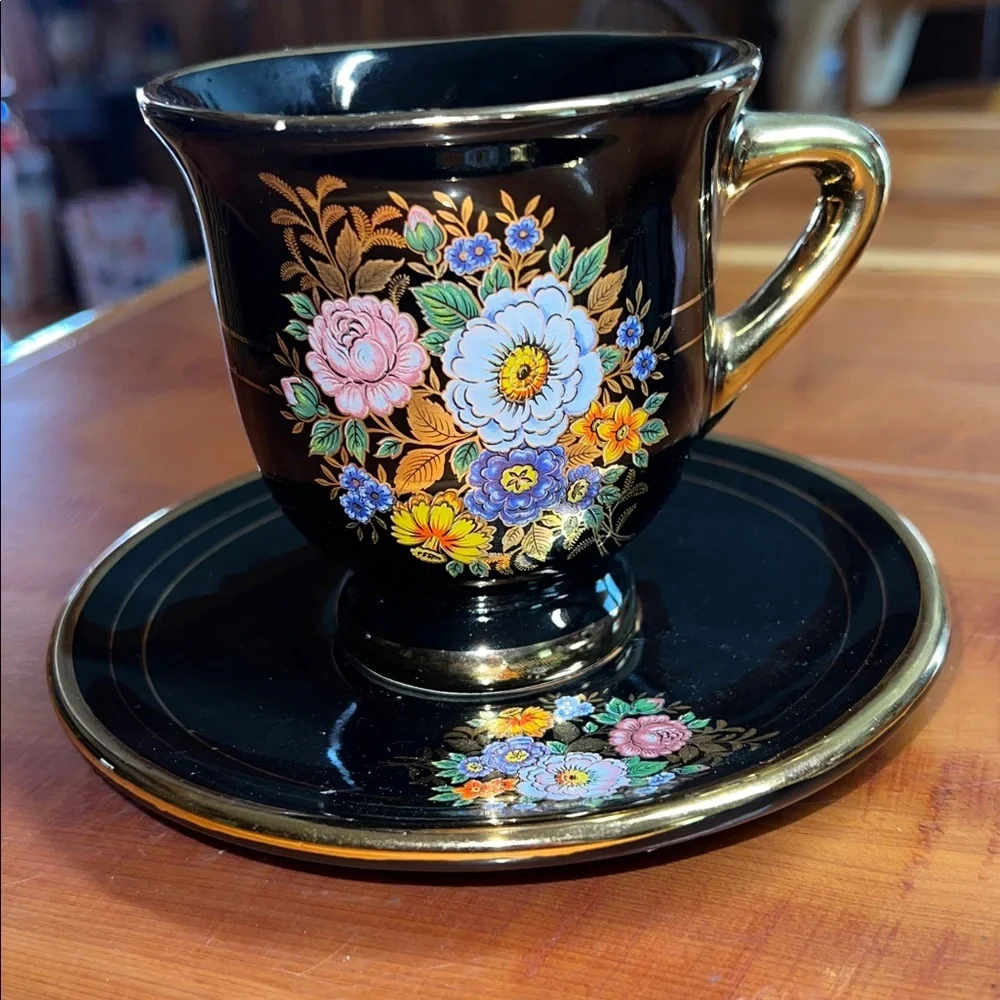 Manousakis Keramik Greece 24K Gold Black Glazed Flat Cup & Saucer Set Floral VTG
